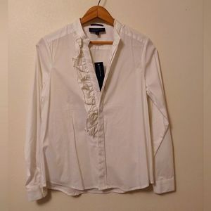 Jones New York White Longsleeve Blouse Stretch Ruffle Button Front New